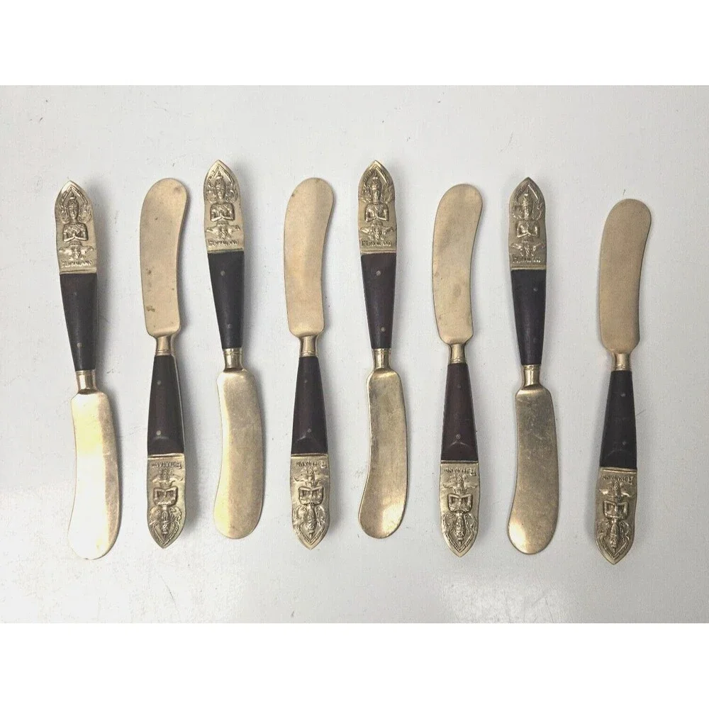 Vintage 8 Cheese Spreader Knives Buddha Bronze Brass Rosewood Siam Thailand 6” - Picture 2 of 13